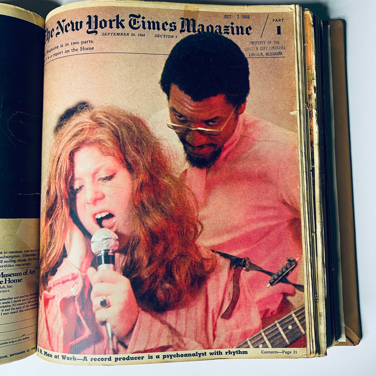 Cover of The New York Times Magazine from September 29, 1968, showcasing a vibrant photograph of a woman singing into a microphone, with a man in the background observing, reflecting the cultural scene of the time.