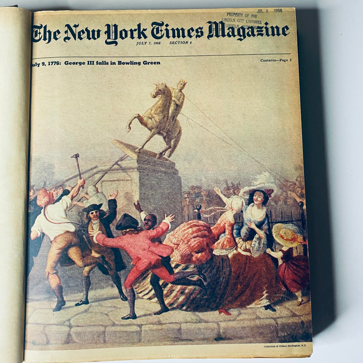 Cover of The New York Times Magazine from July 7, 1968, depicting an illustration of George III falling in Bowling Green, a significant historical event in American history.