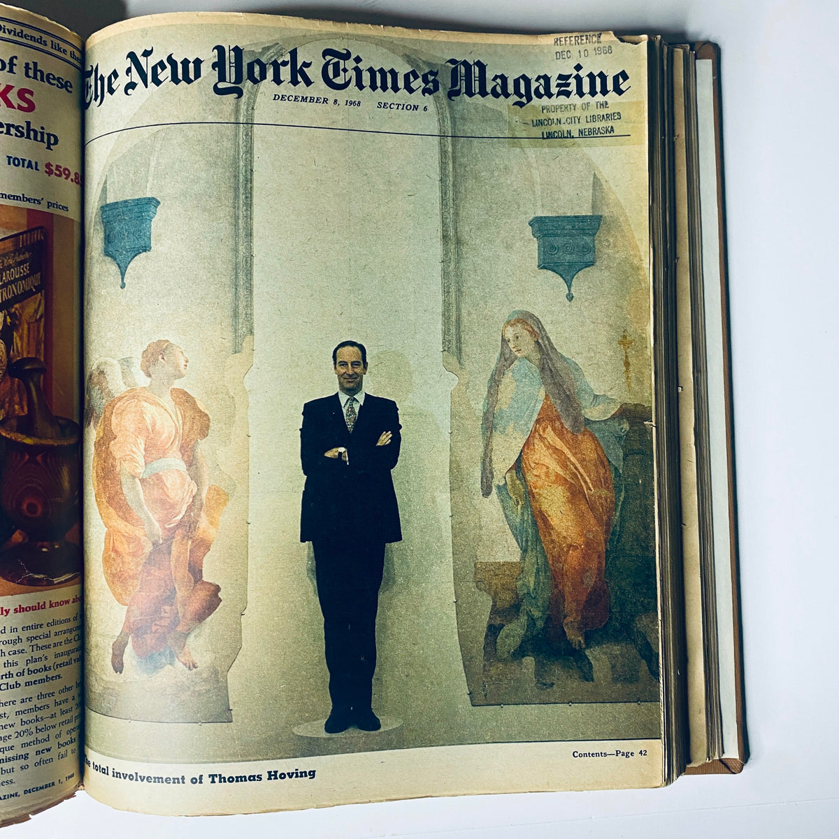The New York Times Library Bound Magazine 1968 November - December cover with Thomas Hoving standing among classical artworks, illustrating the magazine's exploration of art and culture.