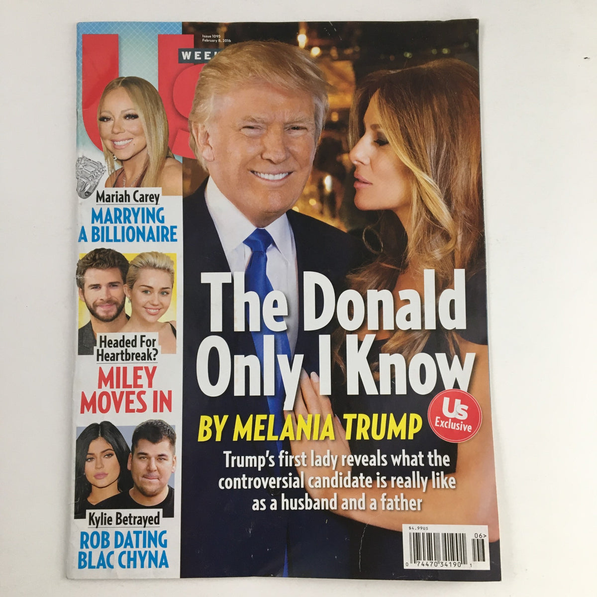Cover of US Weekly Magazine February 8 2016 featuring Donald Trump and Melania Trump, highlighting an exclusive interview with Melania about personal insights into Donald Trump's life as a husband and father. Includes images of Mariah Carey and Miley Cyrus.