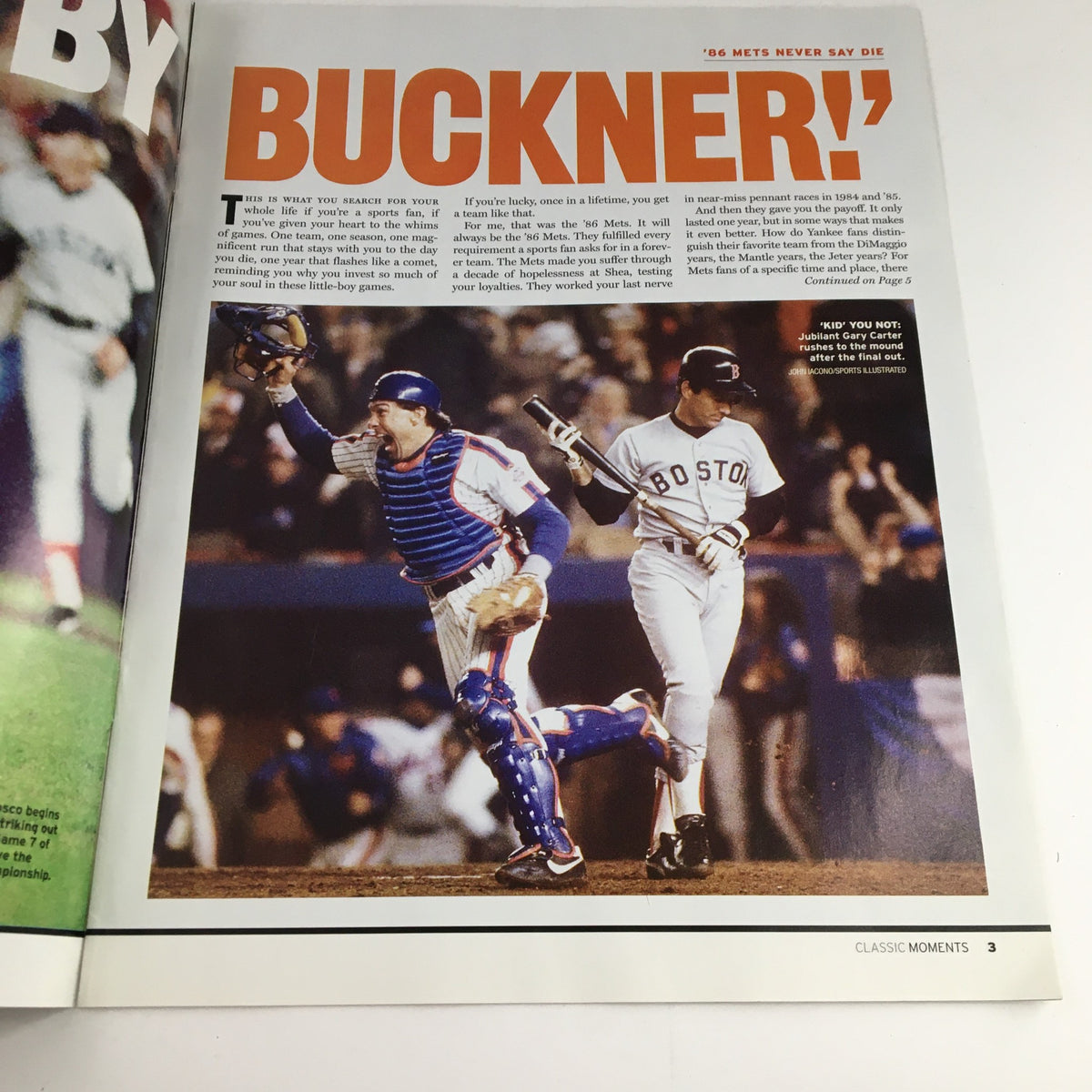 Inside page from New York Post 2004 #4 Classic Moments In New York Sports History highlighting the famous 'Buckner' moment.