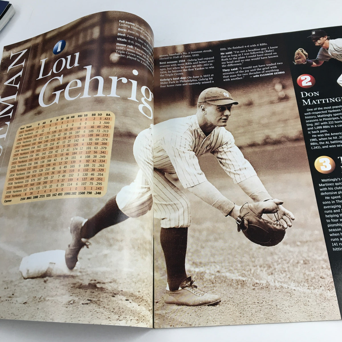 New York Post 2003 The Yankees Century Legends Part 10 Babe Ruth, Lou Gehrig featuring Lou Gehrig fielding a baseball on a historical sports page.