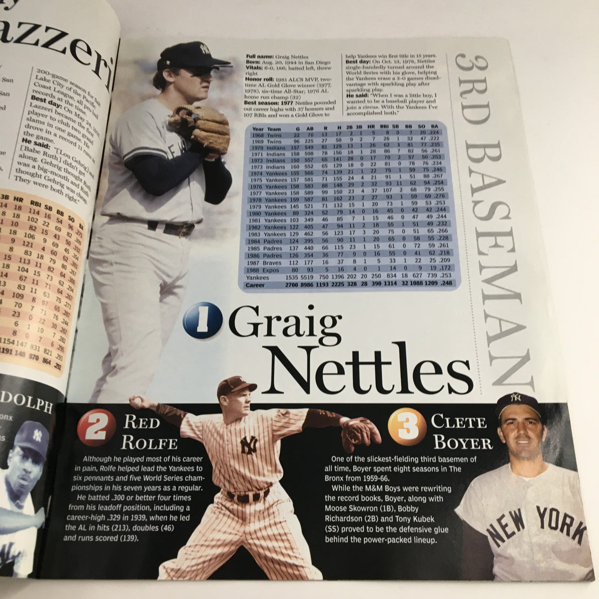 New York Post 2003 The Yankees Century Legends Part 10 Babe Ruth, Lou Gehrig showcasing player stats including Graig Nettles and Red Rolfe on a collectible magazine page.