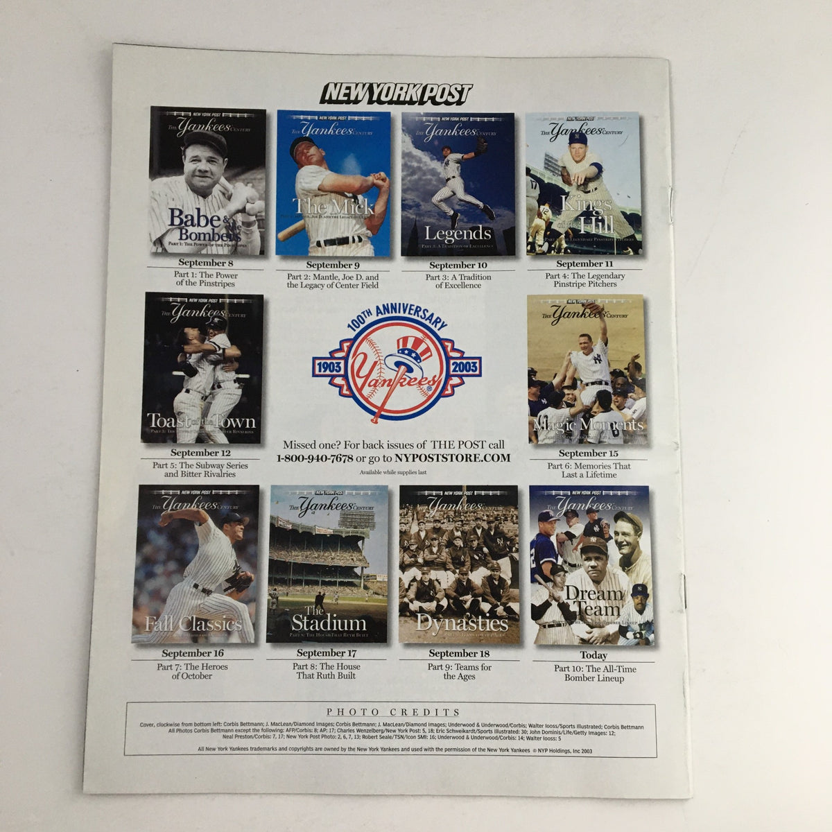 New York Post 2003 The Yankees Century Legends Part 10 Babe Ruth, Lou Gehrig featuring a back cover displaying notable Yankees legends and their achievements.