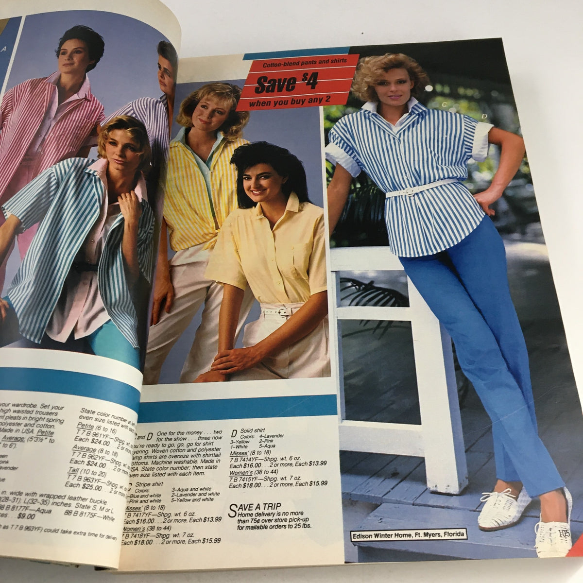 Group of women modeling casual color-blend shirts and pants, emphasizing 1980s fashion trends from the VTG 1986 Centennial Edition Fashion Apparel & Home Furnishing Catalog.