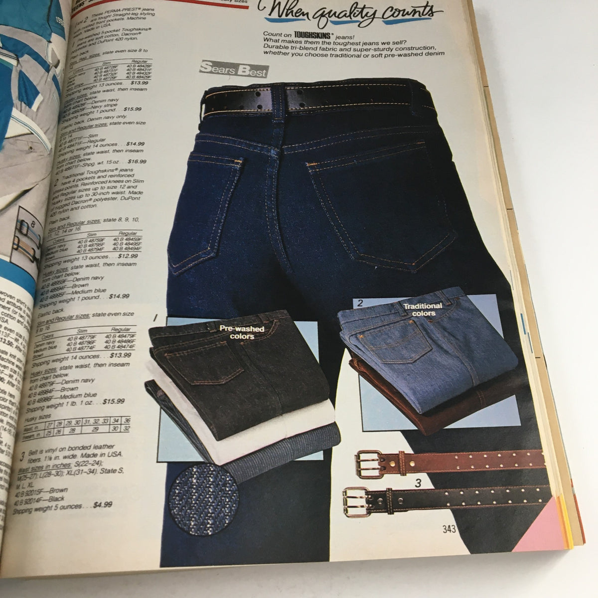 Display of denim jeans and belts in different colors from the VTG 1986 Centennial Edition Fashion Apparel & Home Furnishing Catalog.
