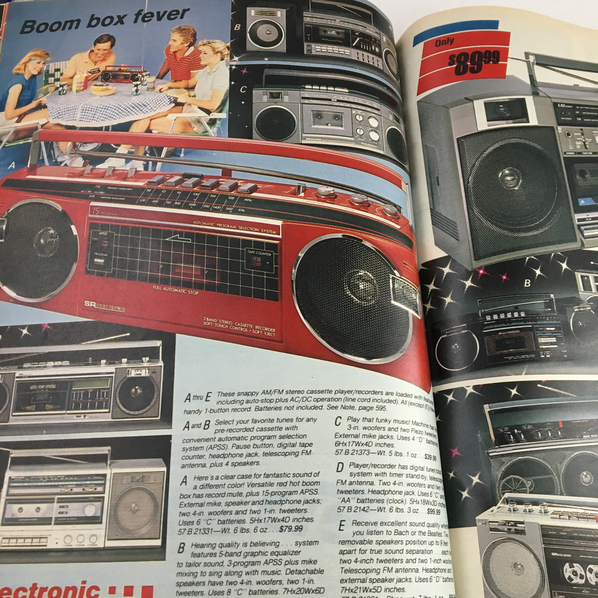 VTG 1986 Centennial Edition Fashion Apparel & Home Furnishing Catalog with a vibrant display of boomboxes and cassette players, representing the iconic electronic designs of the era.