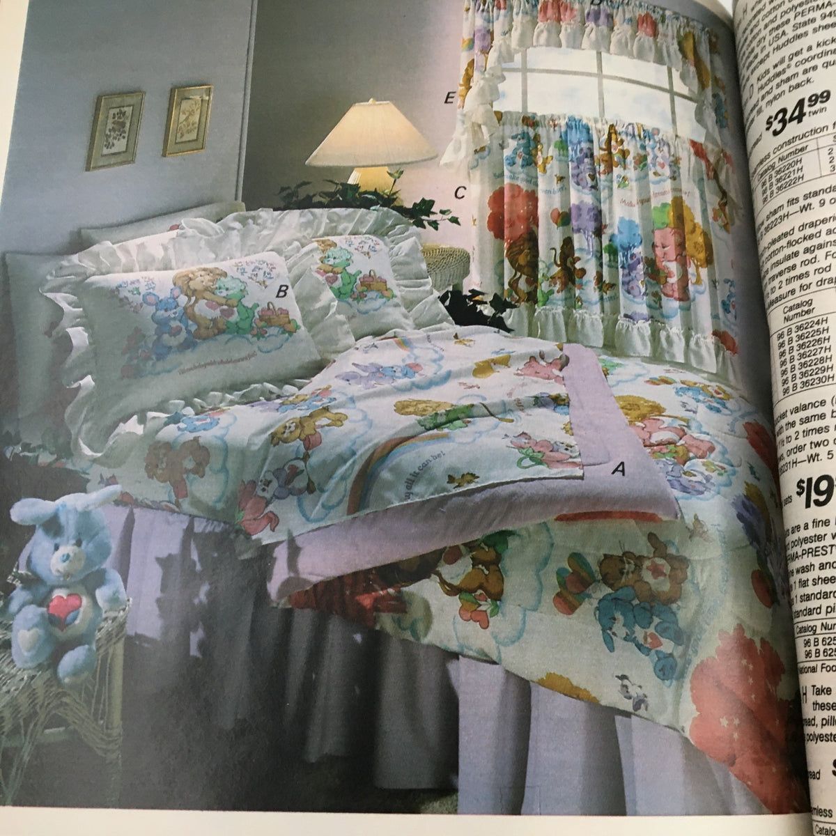 VTG 1986 Centennial Edition Fashion Apparel & Home Furnishing Catalog featuring a colorful children's bedroom set with plush teddy bear bedding, curtains, and pillows.