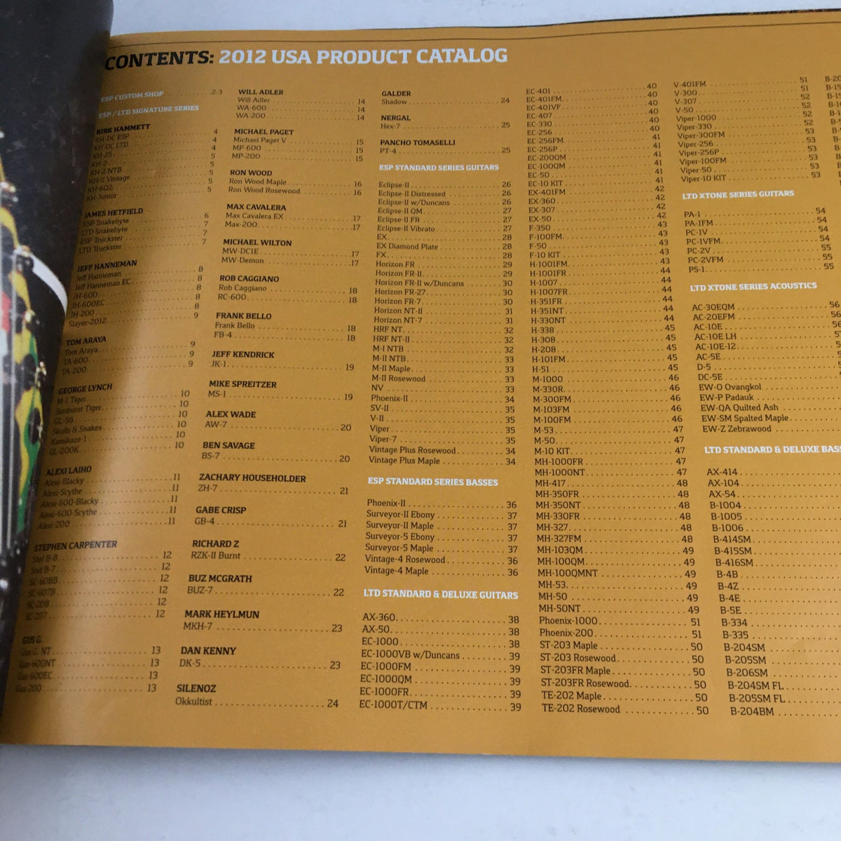 Table of contents page from the ESP Guitars 2012 USA Product Catalog, outlining different guitar and bass models.