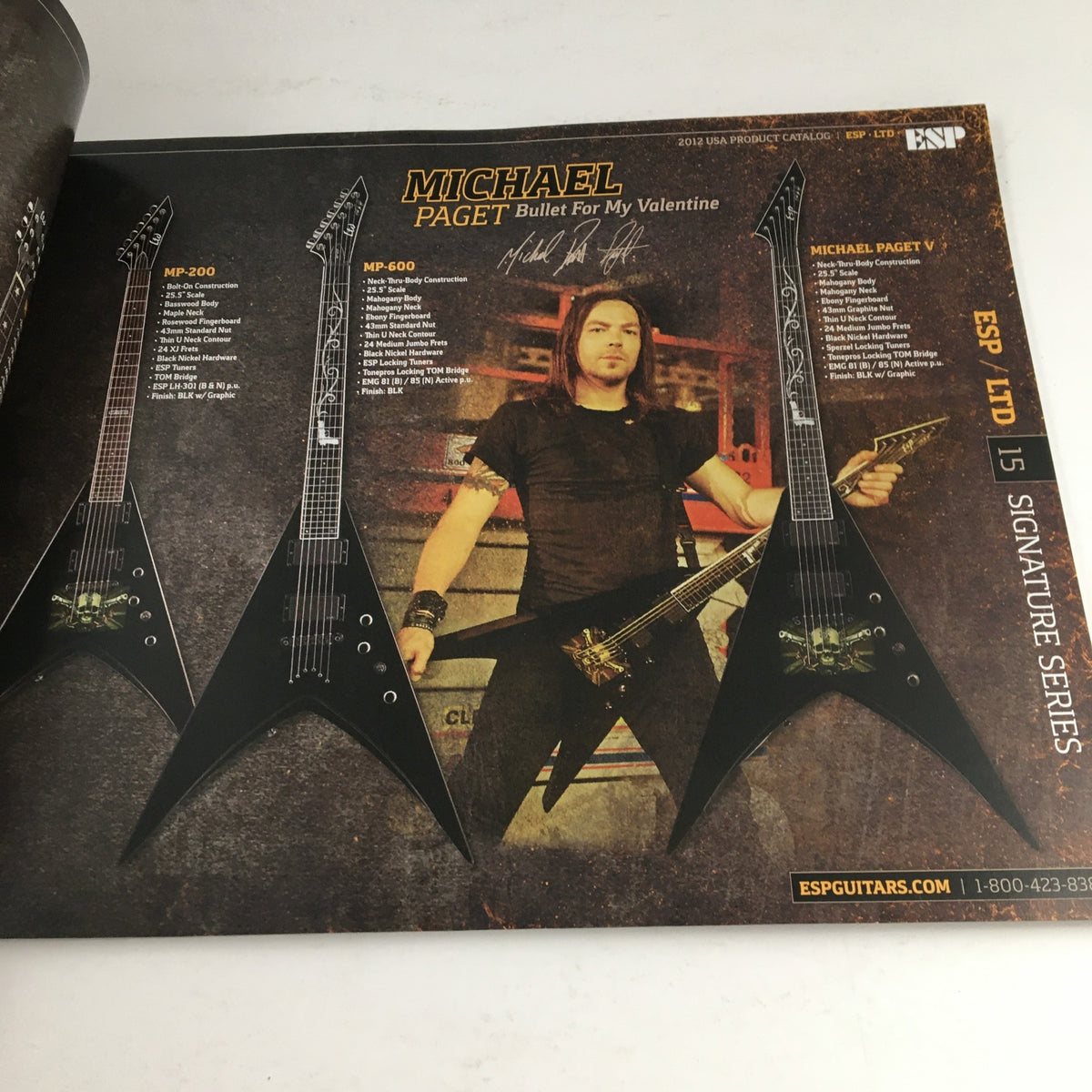 Signature series page from the ESP Guitars 2012 USA Product Catalog, highlighting Michael Paget's guitar models from Bullet For My Valentine.
