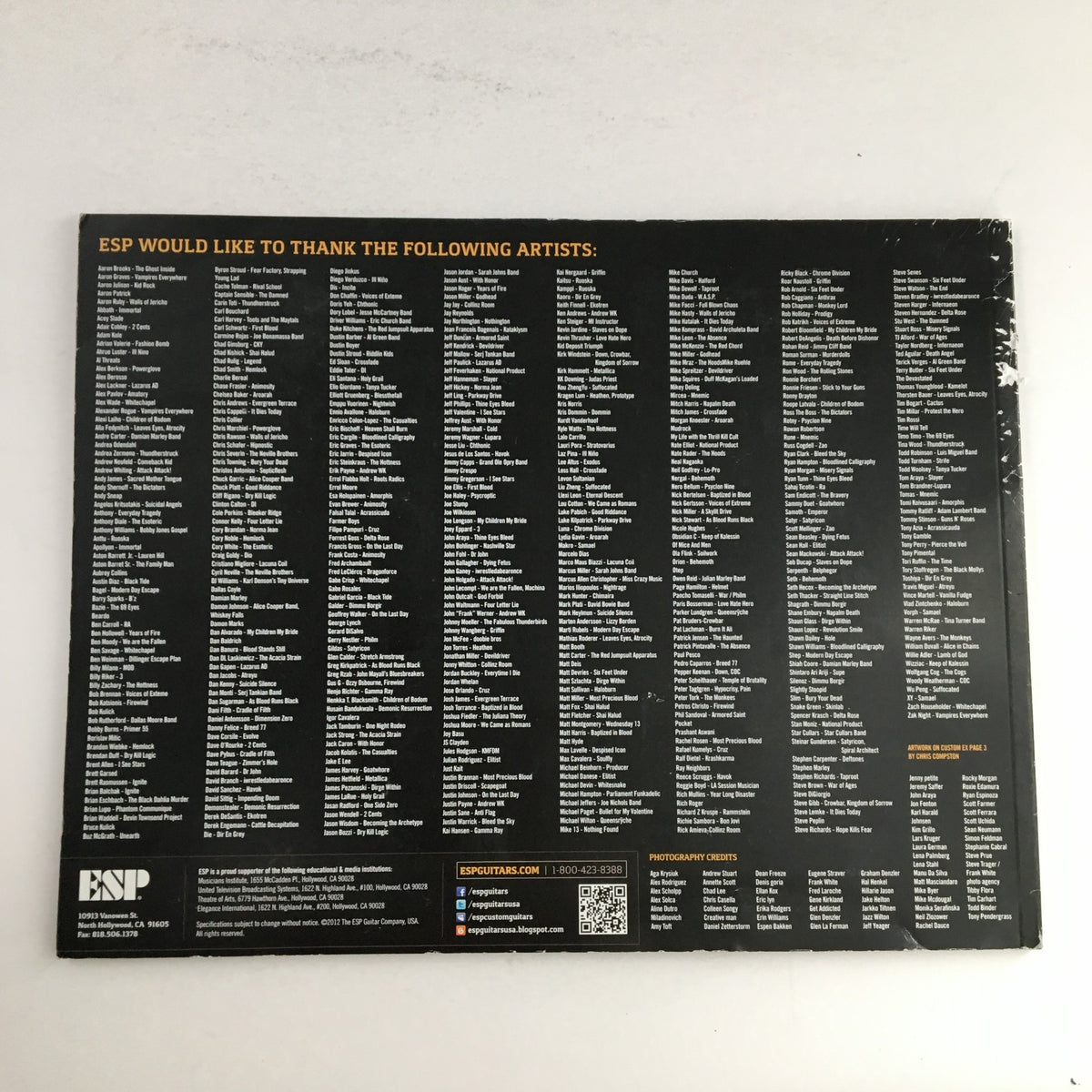 Back cover of the ESP Guitars 2012 USA Product Catalog, featuring a list of artists thanked by ESP.