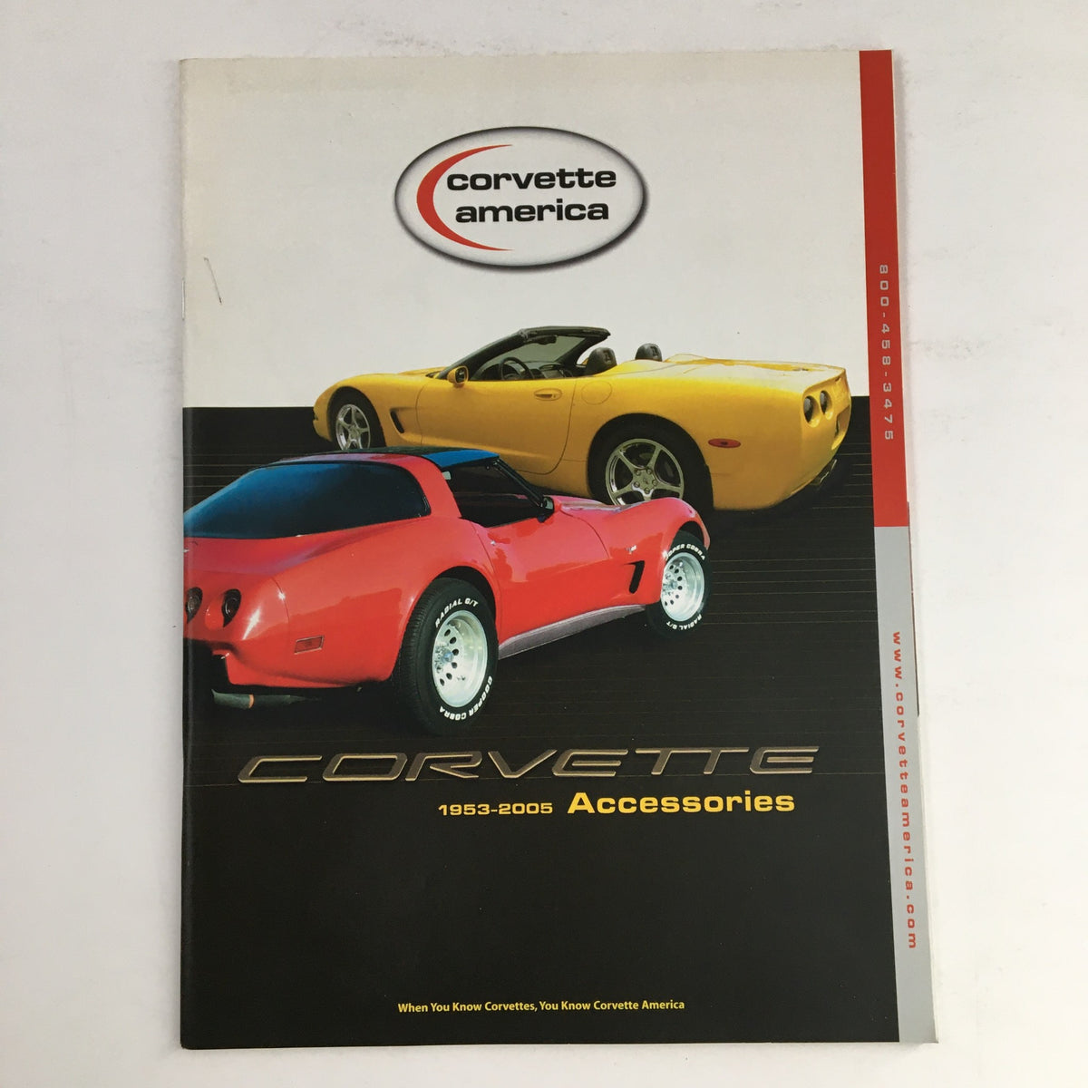 Cover image of the Corvette 1953-2005 Leather Jackets, Dash Cover, Accessories Catalog showcasing a red and yellow Corvette sports car.