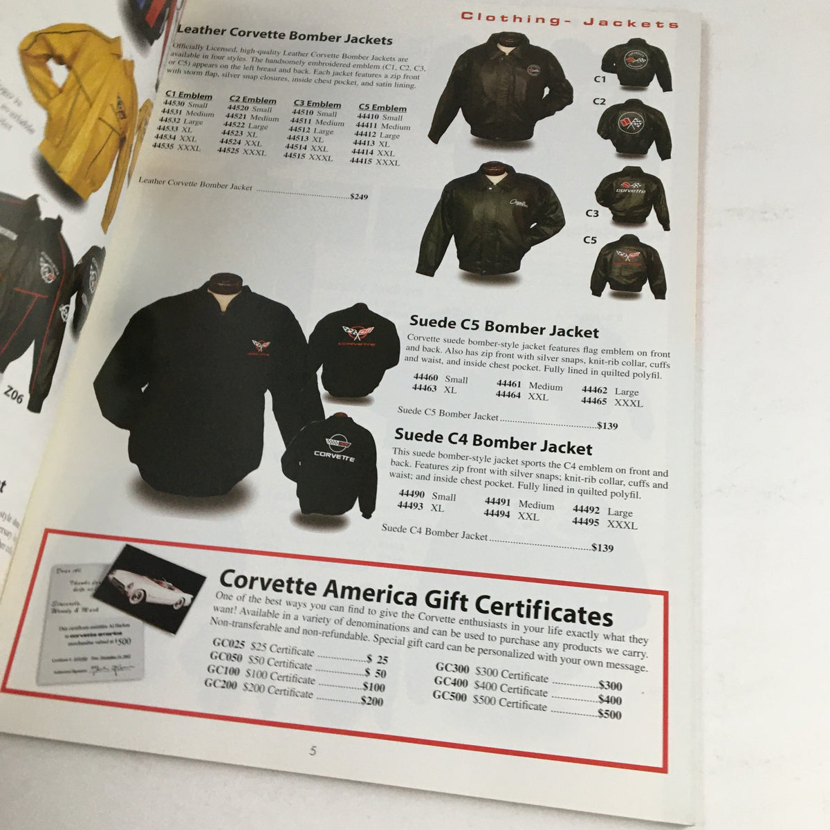 Interior page of the Corvette 1953-2005 Leather Jackets, Dash Cover, Accessories Catalog featuring clothing options including leather bomber jackets and gift certificates.
