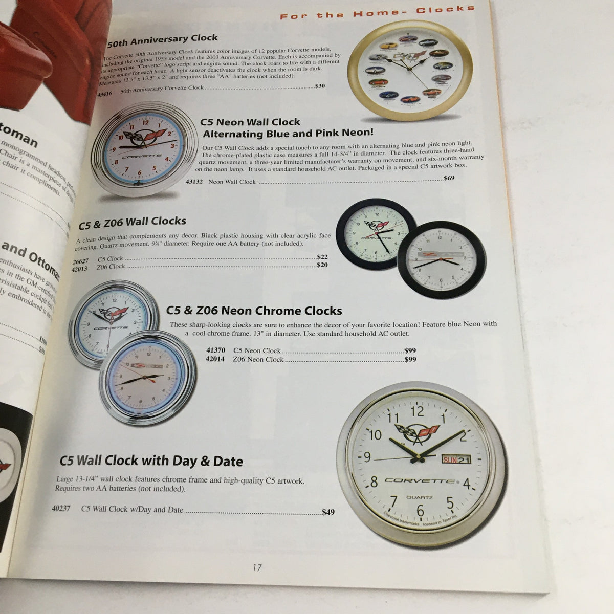 Page from the Corvette 1953-2005 Leather Jackets, Dash Cover, Accessories Catalog showcasing wall clocks designed for Corvettes with various styles including C5 Wall Clock and Neon Clocks.