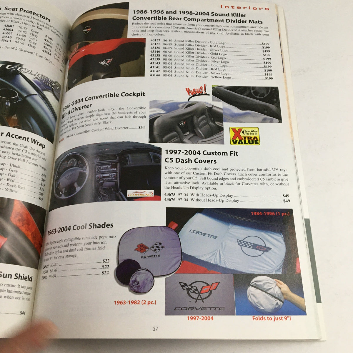 Interior accessories page from the Corvette 1953-2005 Leather Jackets, Dash Cover, Accessories Catalog displaying convertible cockpit dividers and dash covers for Corvettes.
