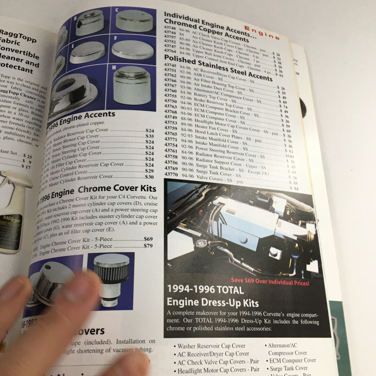 Page from the Corvette 1953-2005 Leather Jackets, Dash Cover, Accessories Catalog listing engine accessories and dress-up kits for Corvettes, highlighting polished stainless steel accents.