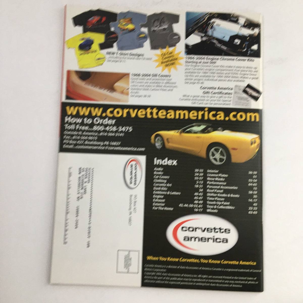 Back cover of the Corvette 1953-2005 Leather Jackets, Dash Cover, Accessories Catalog showing collectible items and ordering information for Corvette merchandise.