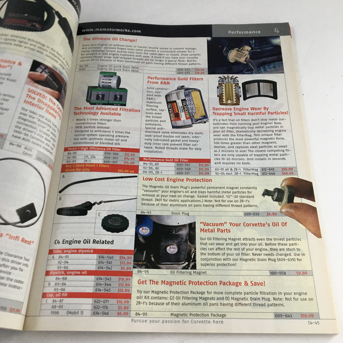 Performance section from the Mid America Motorworks Corvette 2005 Parts & Accessories Catalog displaying oil change products and engine maintenance accessories.