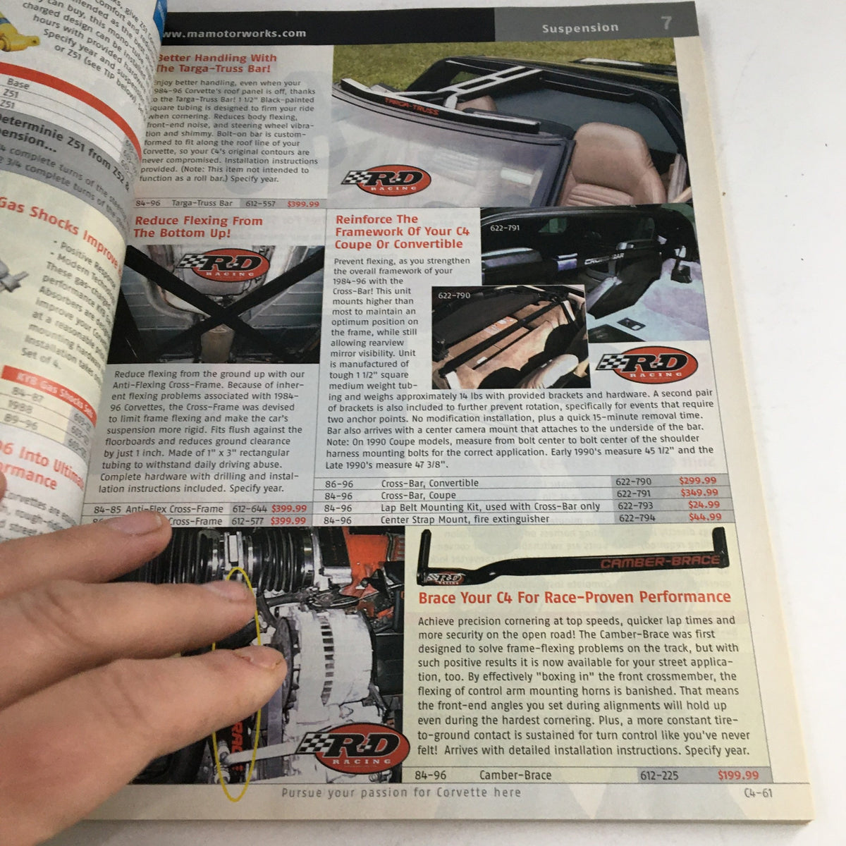 Mid America Motorworks Corvette 2005 Parts & Accessories Catalog page showcasing suspension components and details on enhancing performance.