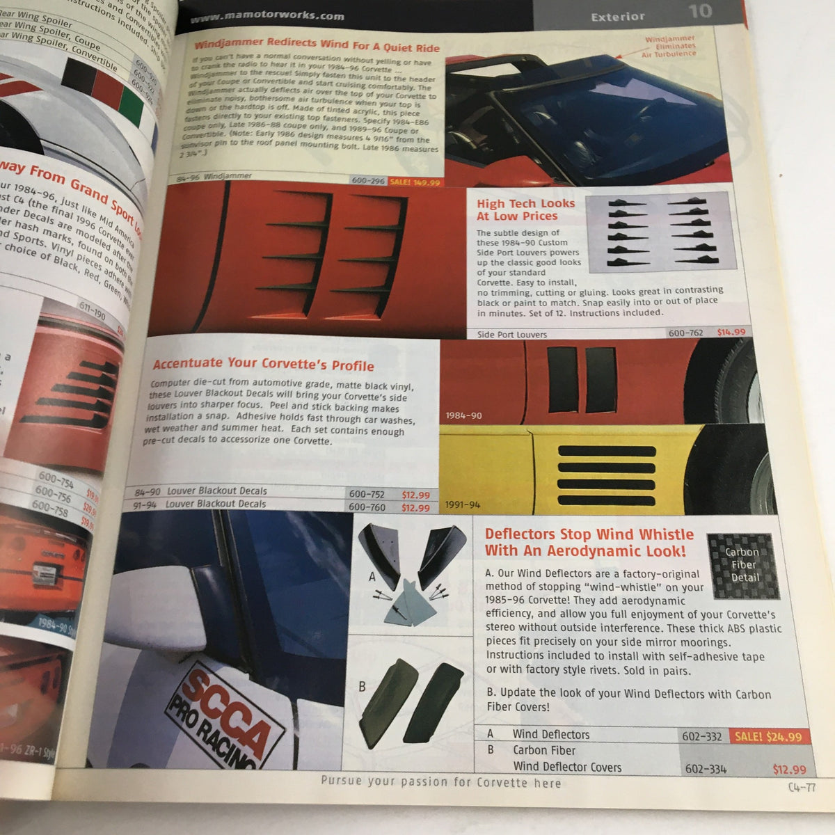 Mid America Motorworks Corvette 2005 Parts & Accessories Catalog page featuring exterior parts, including wind deflectors and styling enhancements for Corvette models.