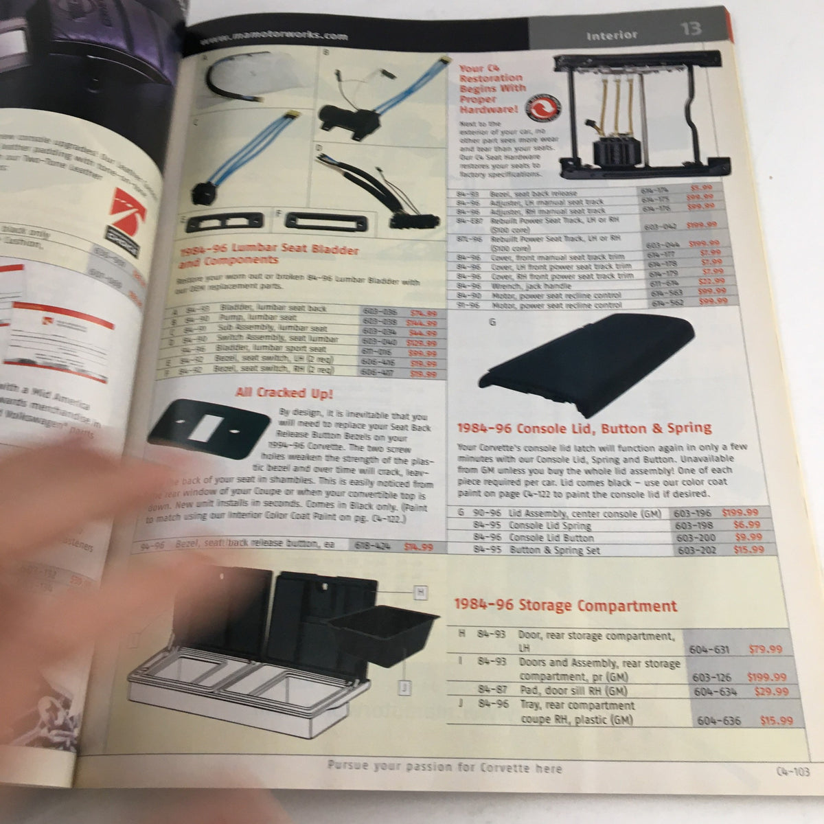 Mid America Motorworks Corvette 2005 Parts & Accessories Catalog page displaying interior components such as console lids and seat parts for improved comfort.
