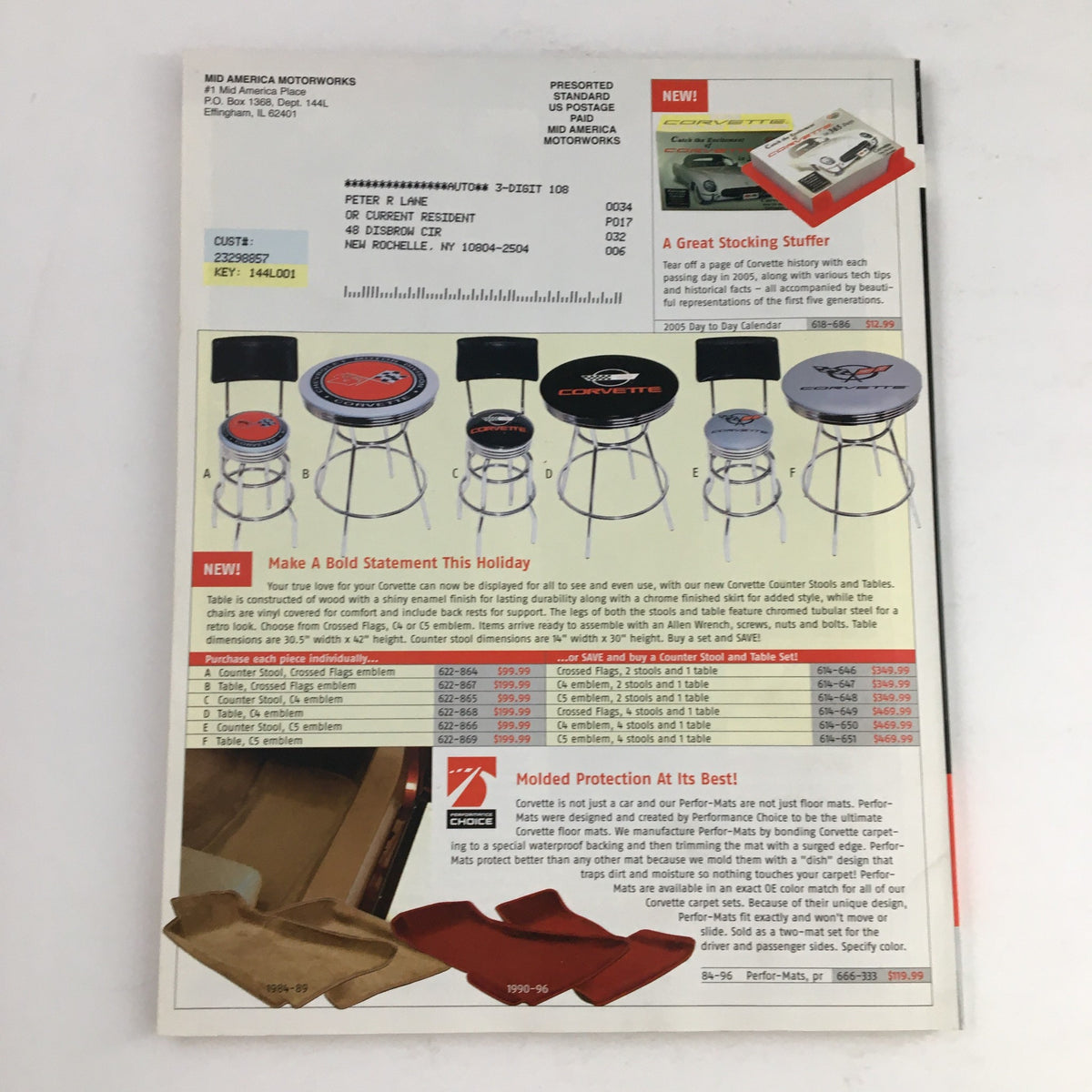 Back cover of the Mid America Motorworks Corvette 2005 Parts & Accessories Catalog highlighting merchandise options and promotional items for Corvette enthusiasts.
