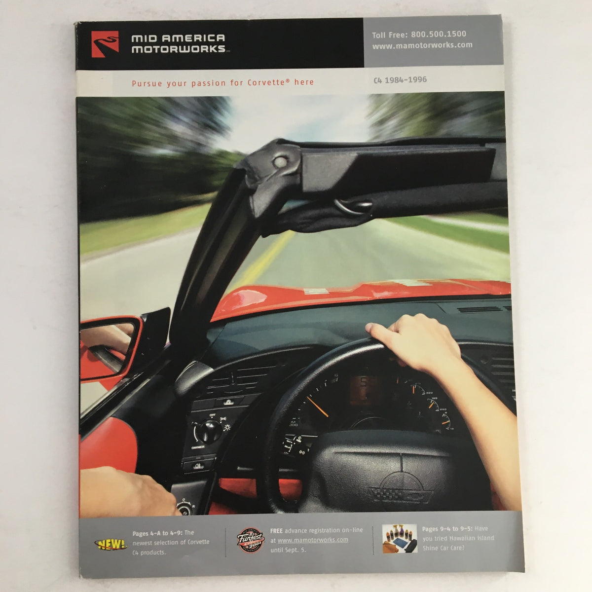 Cover of the Mid America Motorworks Corvette 1993 Parts & Accessories Catalog featuring a driver in a Corvette driving on a scenic road.