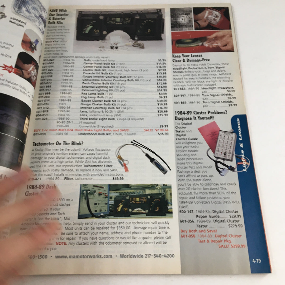 Mid America Motorworks Corvette 1993 Parts & Accessories Catalog interior image showing gauge cluster repair kits and diagnostic tools for 1984-89 Corvettes.