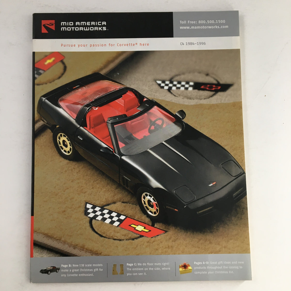 Mid America Motorworks Corvette & Chevrolet 2005 Parts & Accessories Catalog cover featuring a black Corvette model with a red interior on a textured background.