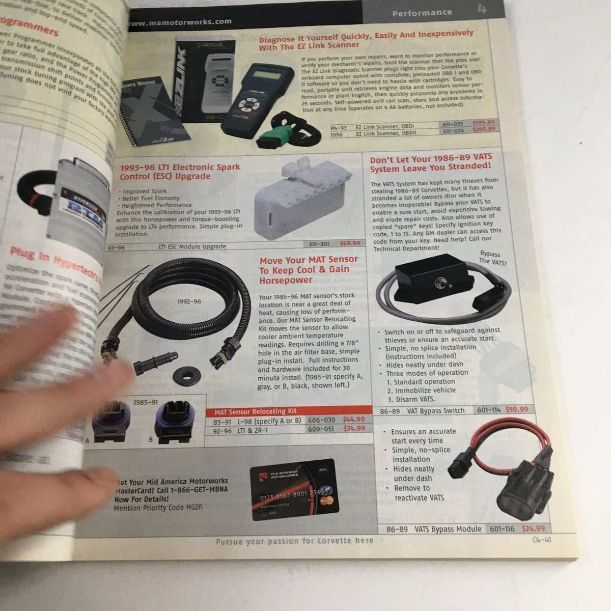 Interior page from Mid America Motorworks Corvette & Chevrolet 2005 Parts & Accessories Catalog, showcasing diagnostic tools and accessories for Corvette vehicles.