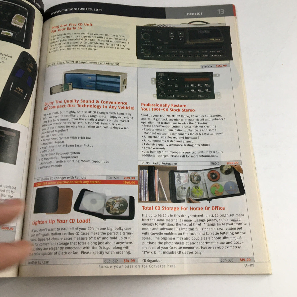 Interior page from Mid America Motorworks Corvette & Chevrolet 2005 Parts & Accessories Catalog, displaying interior accessories and restoration options for Corvette radios.