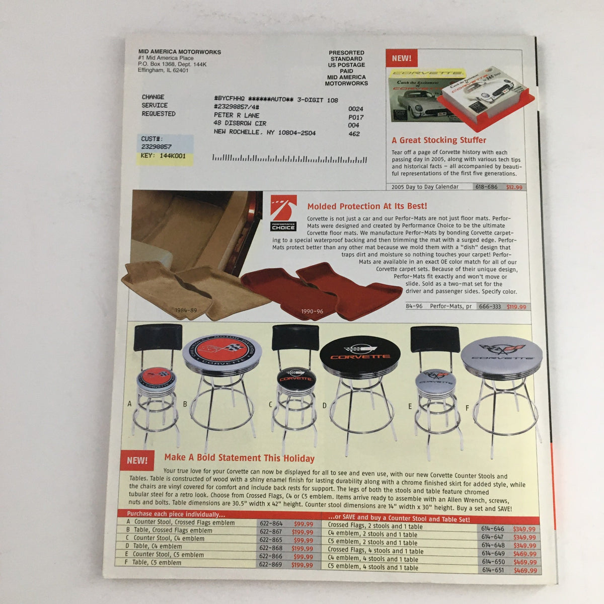 Interior page from Mid America Motorworks Corvette & Chevrolet 2005 Parts & Accessories Catalog, presenting custom floor mats and barstool designs themed around Corvette.