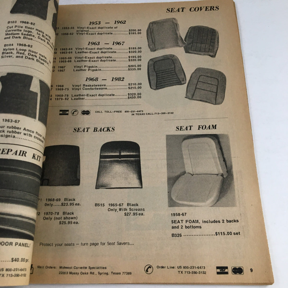 Interior page from Corvette Products Fall & Winter 1983 1984 No. 160 Catalog displaying seat cover options and prices for various Corvette models.