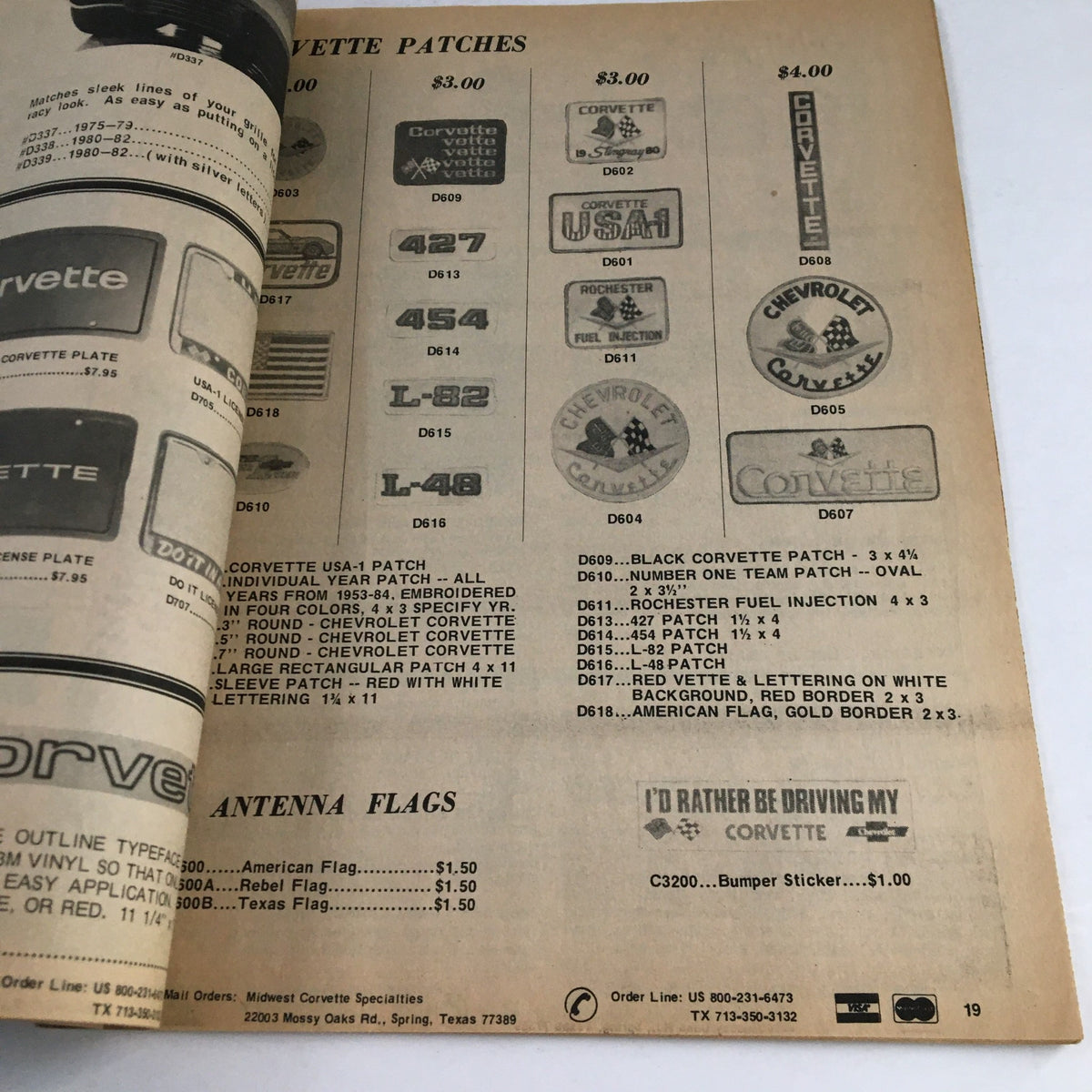 Interior page from Corvette Products Fall & Winter 1983 1984 No. 160 Catalog showing available Corvette patches and antenna flags with pricing.