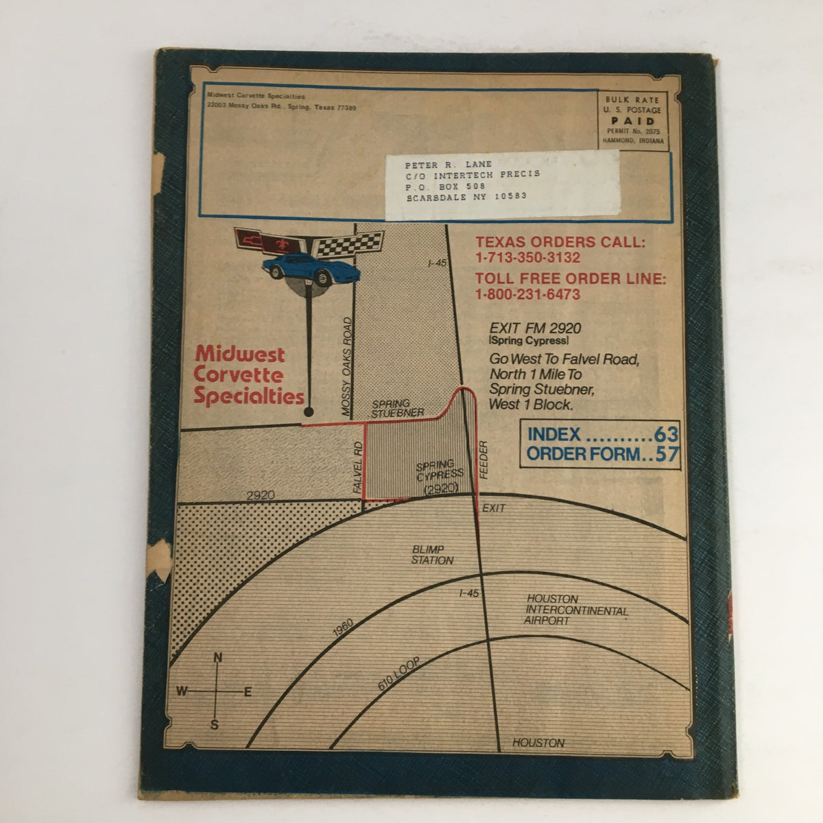 Back cover of the Corvette Products Fall & Winter 1983 1984 No. 160 Catalog, featuring a map and contact information for Midwest Corvette Specialties, showing minor wear and an address label.