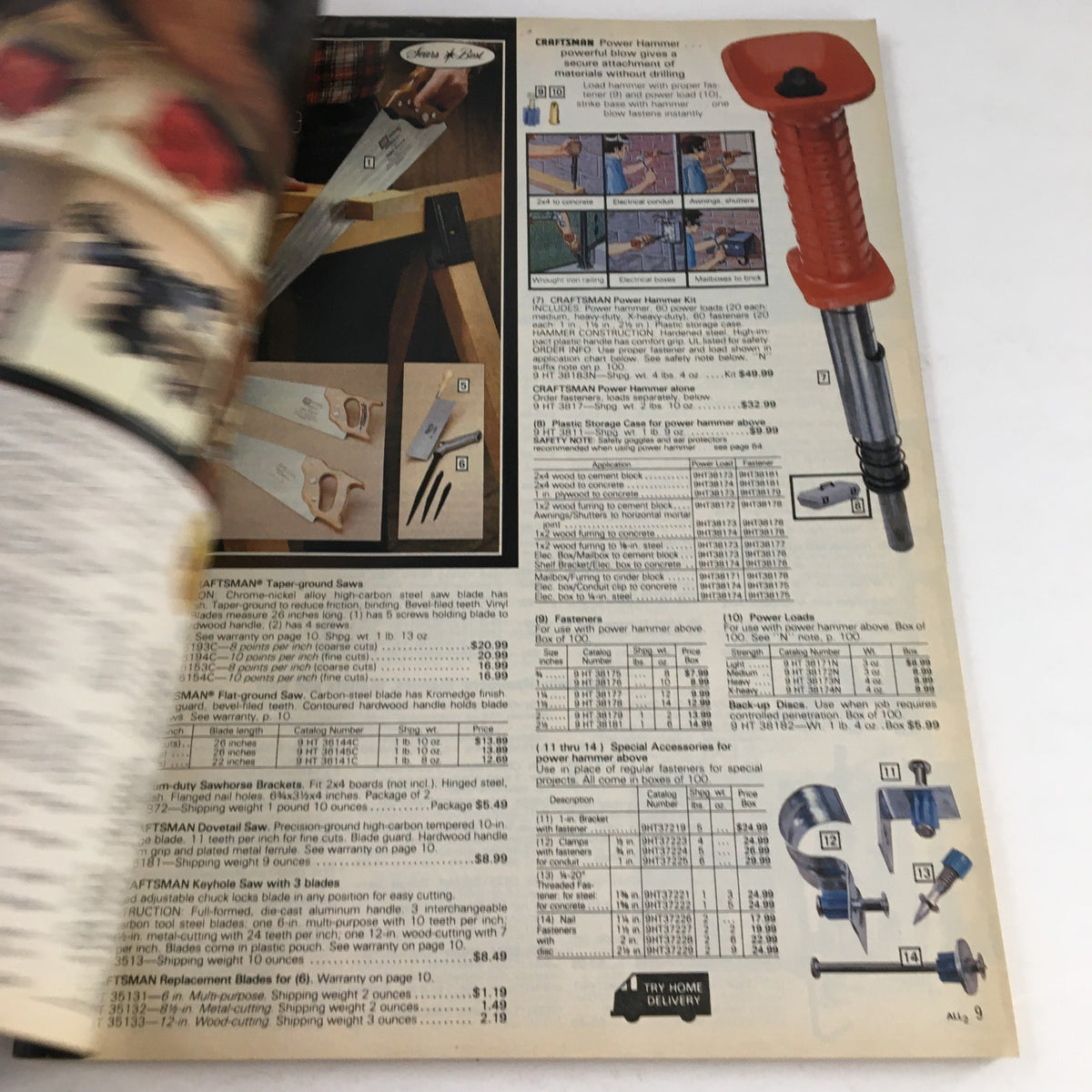 Power and Hand Tools feat. Craftsman Tools Sears 1983-1984 Special Catalog - Page showing Craftsman tools including saws and hammer details.