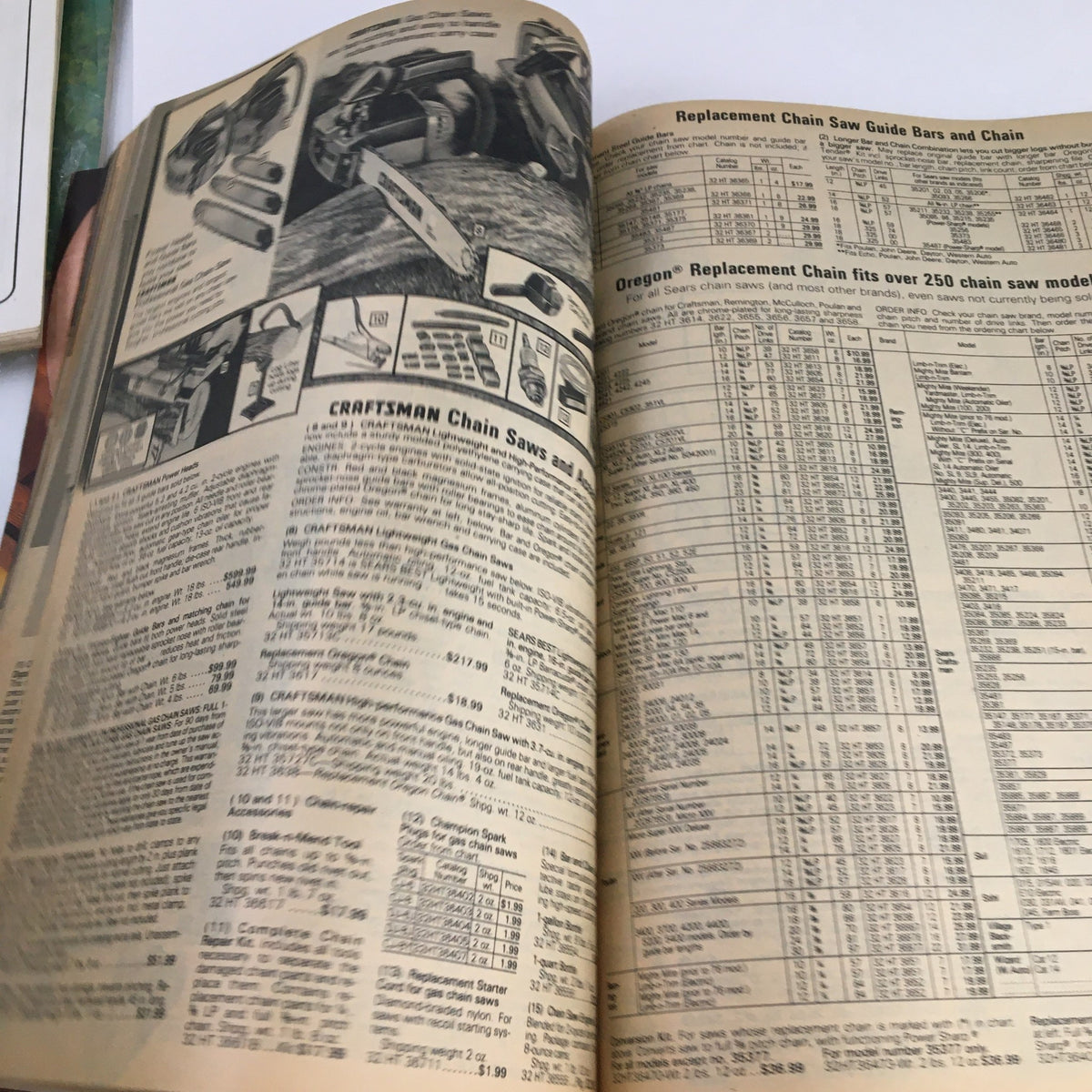 Power and Hand Tools feat. Craftsman Tools Sears 1983-1984 Special Catalog - Page featuring Craftsman chain saws and replacement chain guide bars.