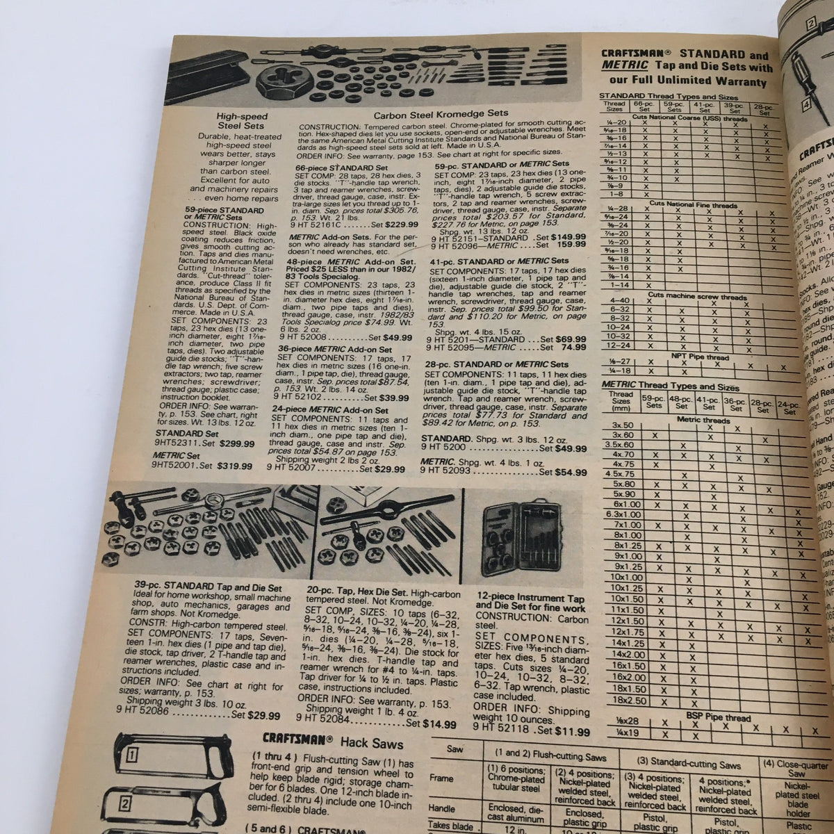 Power and Hand Tools feat. Craftsman Tools Sears 1983-1984 Special Catalog - Page displaying Craftsman standard and metric tap and die sets.