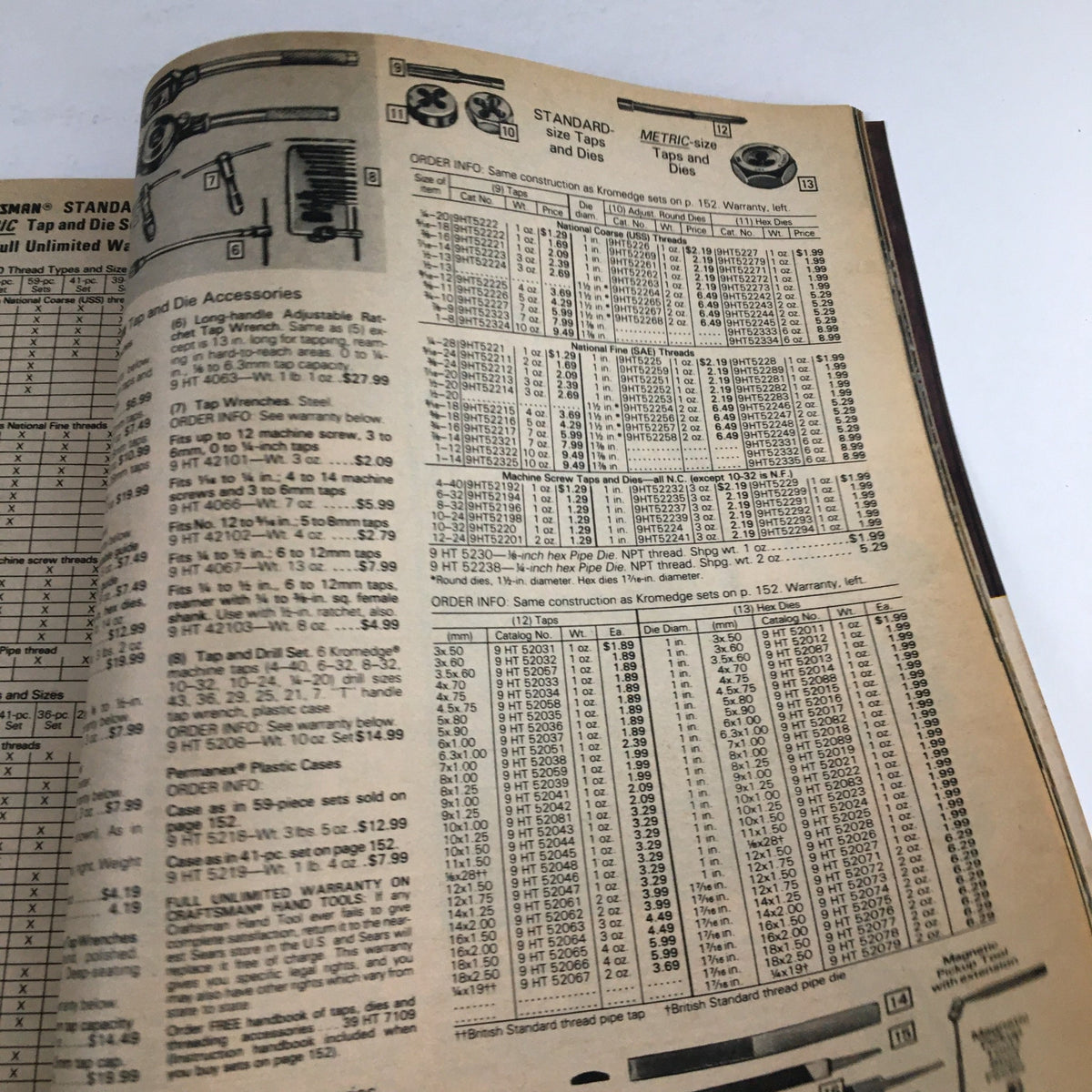 Power and Hand Tools feat. Craftsman Tools Sears 1983-1984 Special Catalog - Page highlighting standard size taps and dies with detailed specifications.