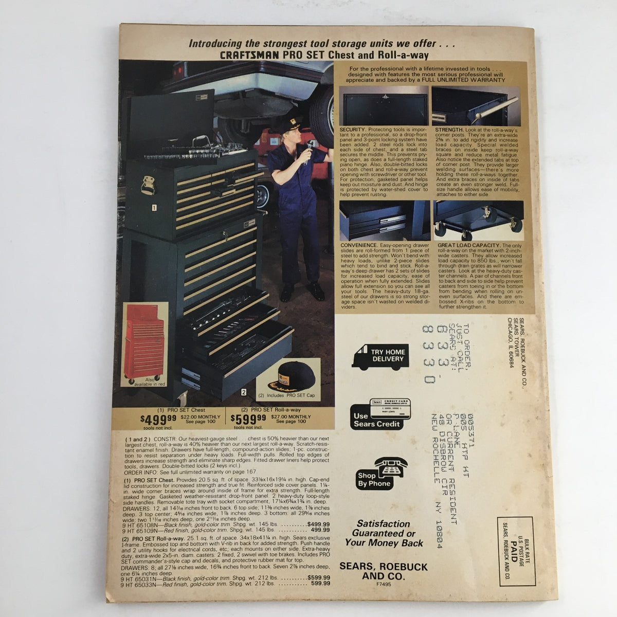 Power and Hand Tools feat. Craftsman Tools Sears 1983-1984 Special Catalog - Back cover showcasing Craftsman Pro Set chest and roll-away tool storage units.