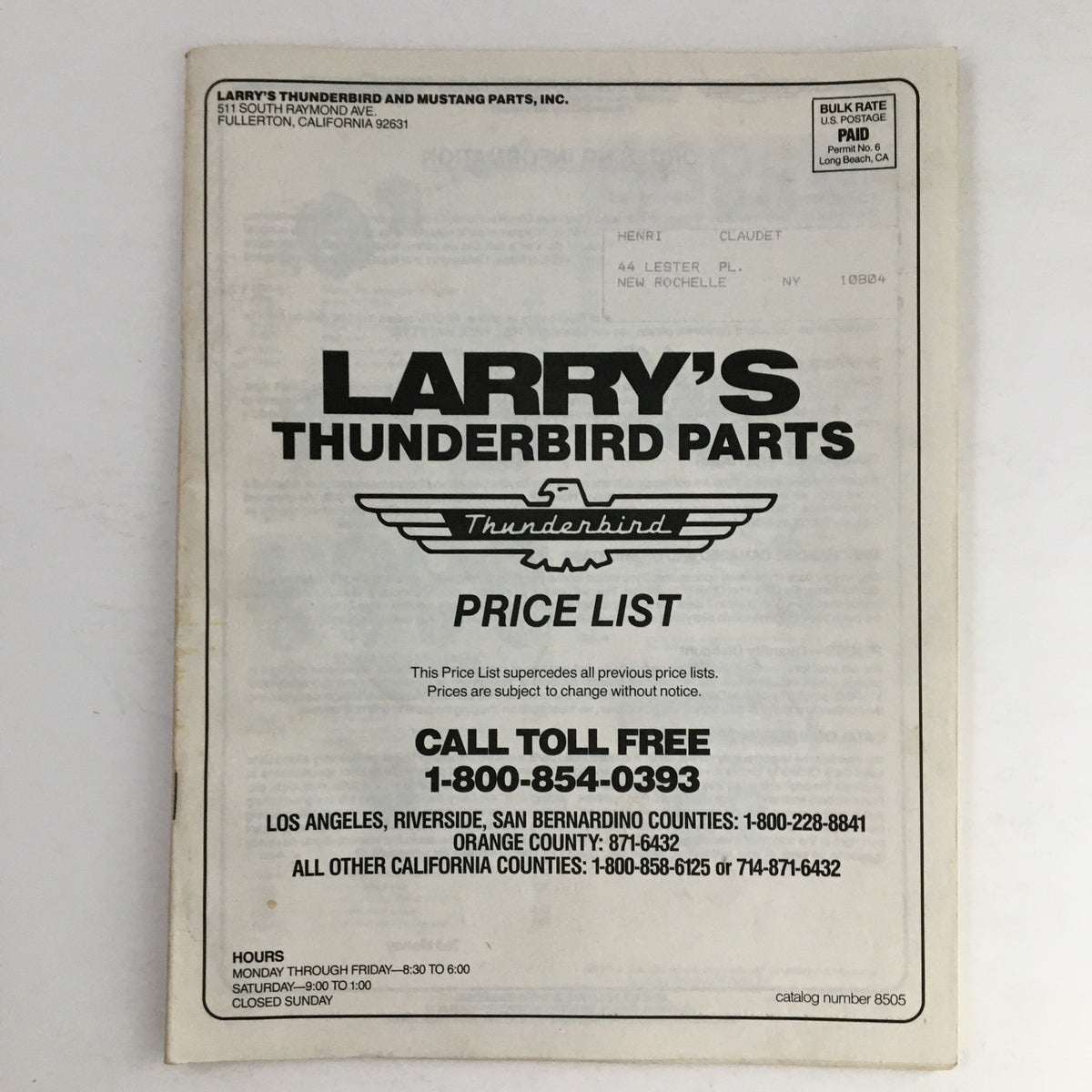 Cover of Larry's Thunderbird & Mustang Parts Inc. Price List Catalog No. 8505 featuring contact information and branding elements.