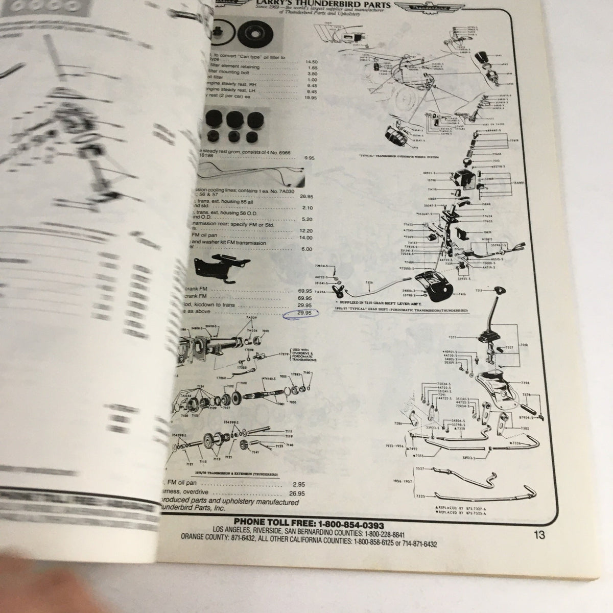 Interior page of Larry's Thunderbird & Mustang Parts Inc. Price List Catalog No. 8505 showing product diagrams and prices.