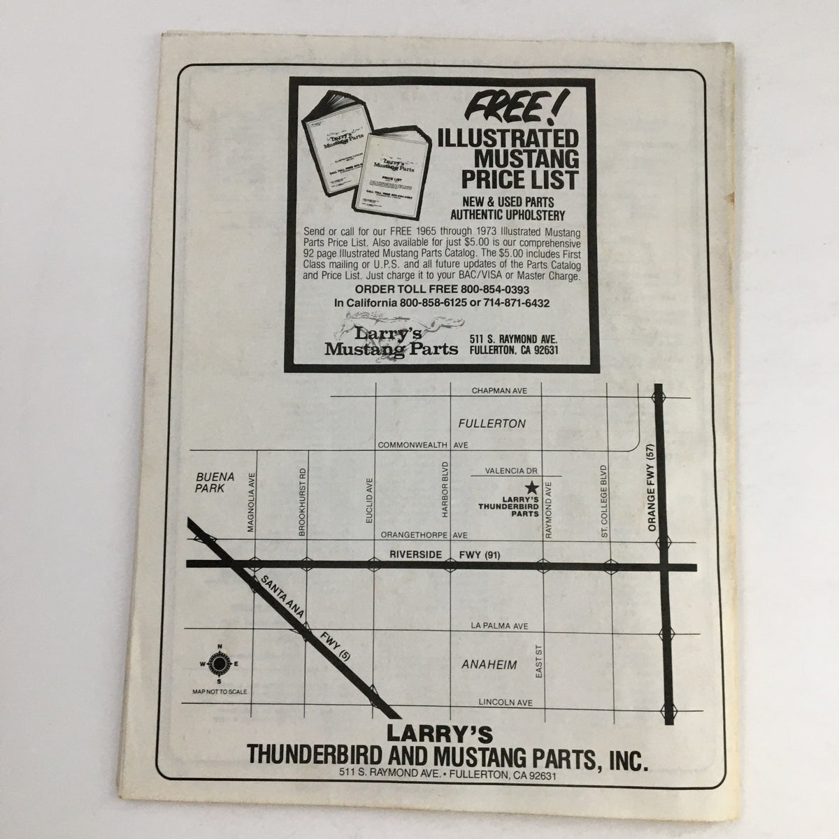 Back cover of Larry's Thunderbird & Mustang Parts Inc. Price List Catalog No. 8505 featuring contact information and location map.