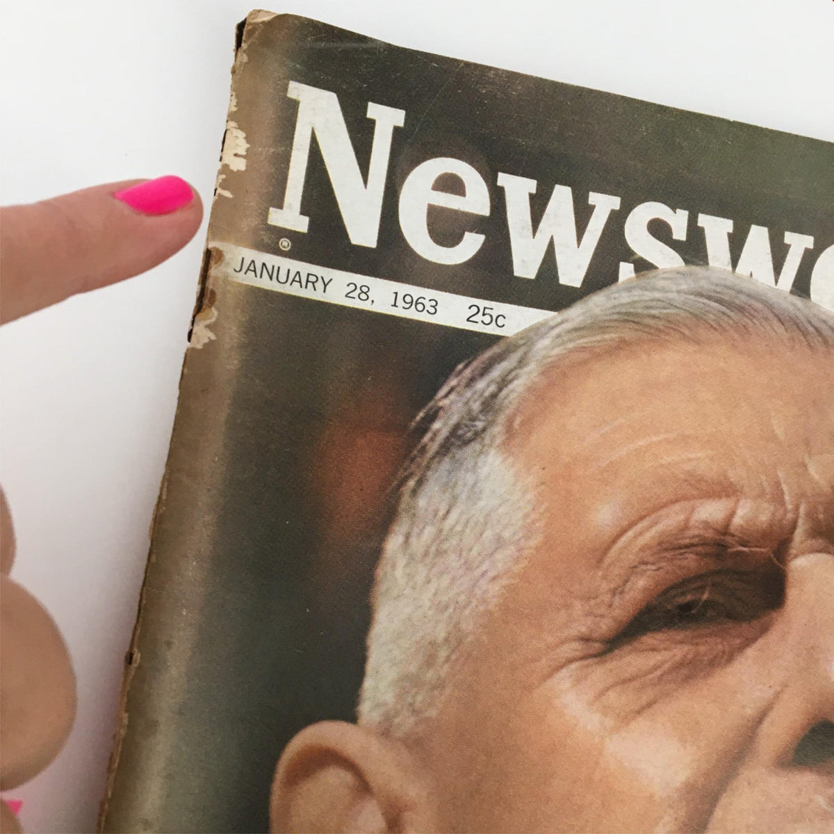 Detail of the VTG Newsweek Magazine cover from January 28 1963 highlighting the date and cover story of Charles de Gaulle.