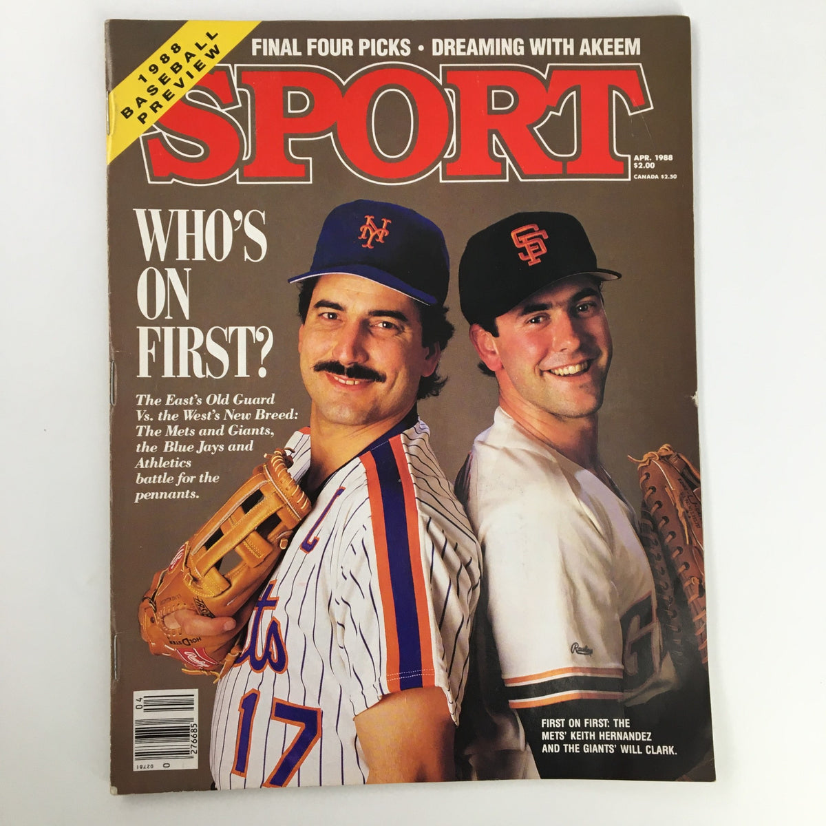 VTG Sport Magazine April 1988 featuring iconic baseball players Keith Hernandez of the New York Mets and Will Clark of the San Francisco Giants on the cover, showcasing a moment from sports history.