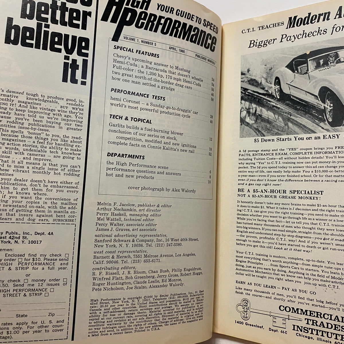 Inside pages of VTG High Performance Magazine April 1966 detailing special features and technical topics including Garlits' supercharger insights.