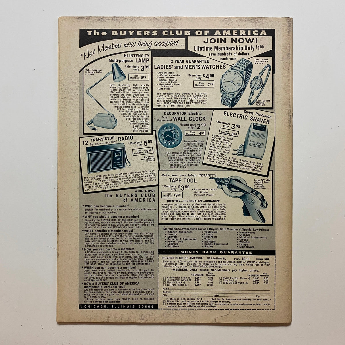 Back cover of VTG High Performance Magazine April 1966 advertising products from The Buyers Club of America.