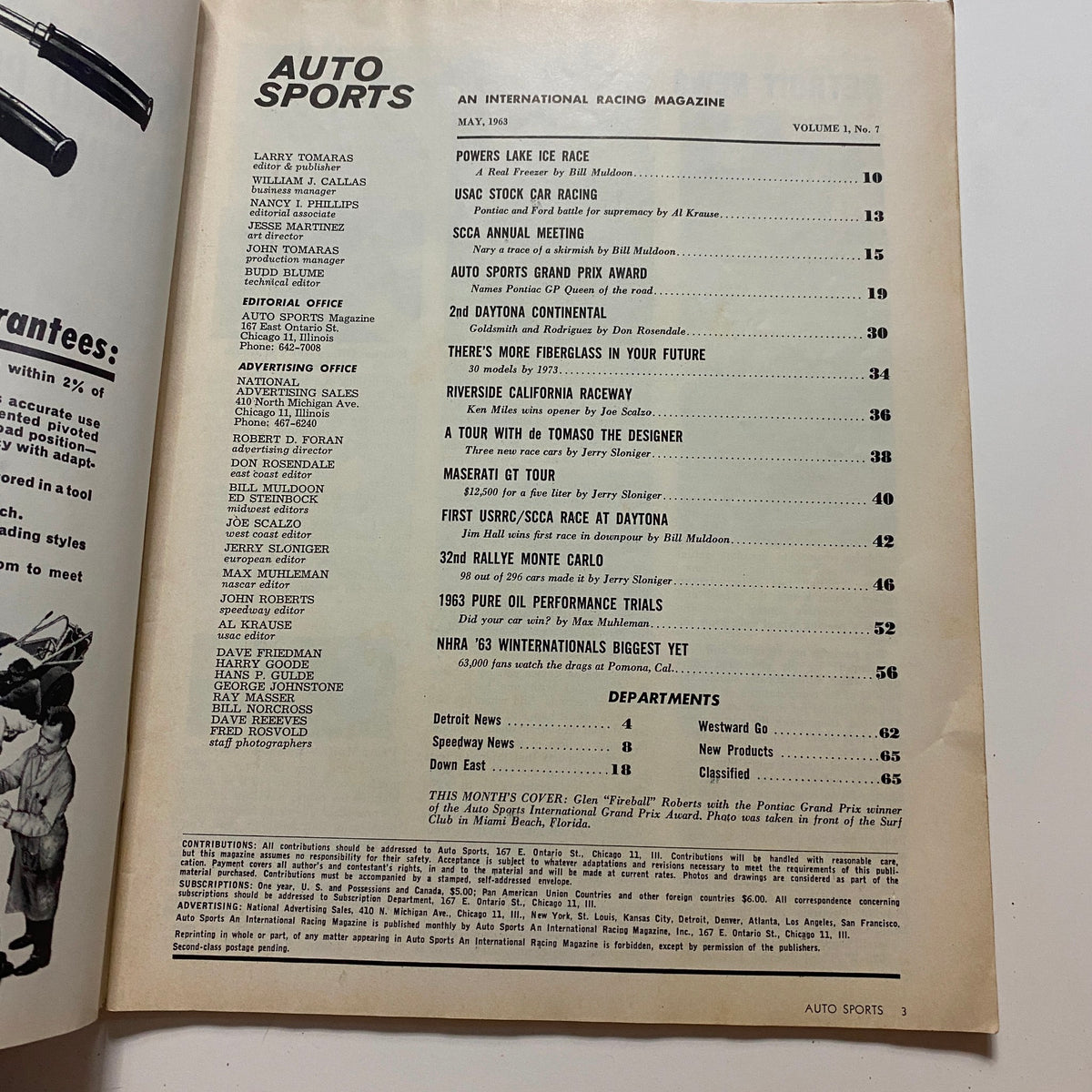 Inside page of Auto Sports Int'l Racing Magazine May 1963 showcasing the table of contents and notable articles.