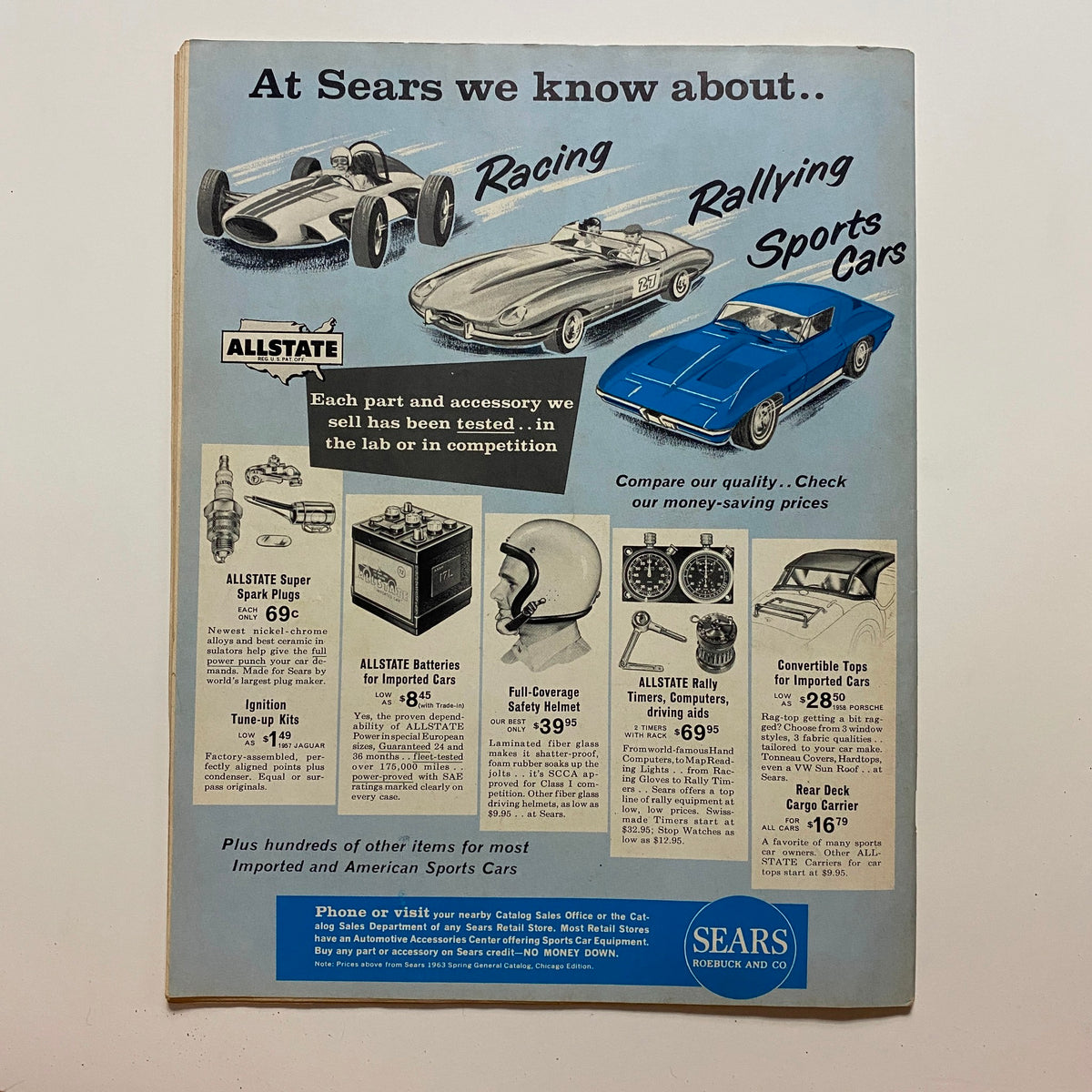 Back cover of Auto Sports Int'l Racing Magazine May 1963 featuring an advertisement for racing accessories from Sears.