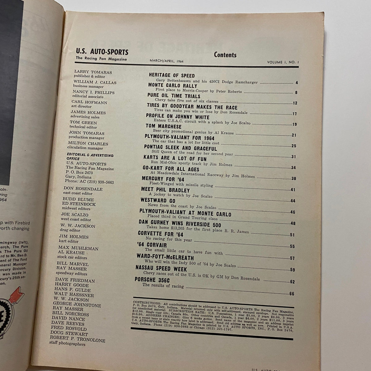 U.S. Auto-Sports The Racing Fan Magazine March 1964 - Contents page featuring articles about racing history and profiles of notable figures in motorsports.